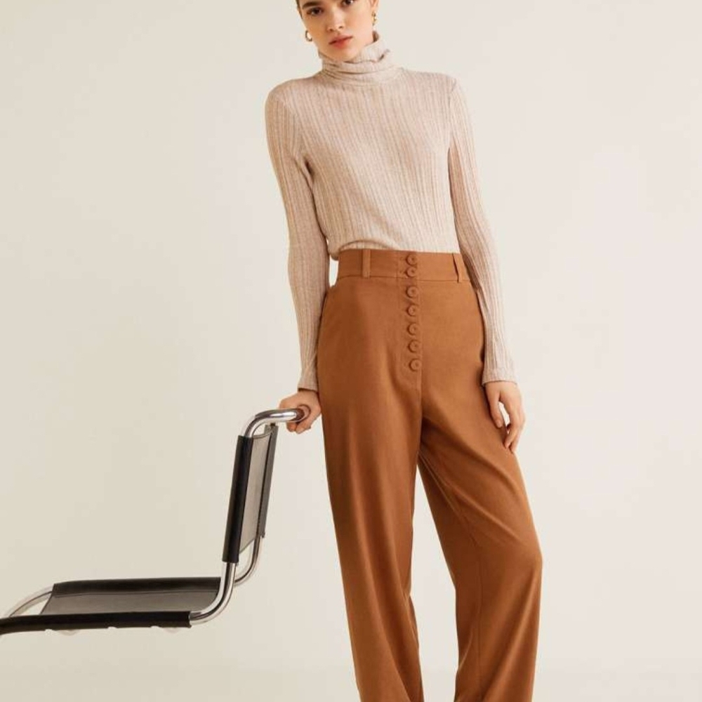 Tan High-Waisted Wide-Leg Trousers